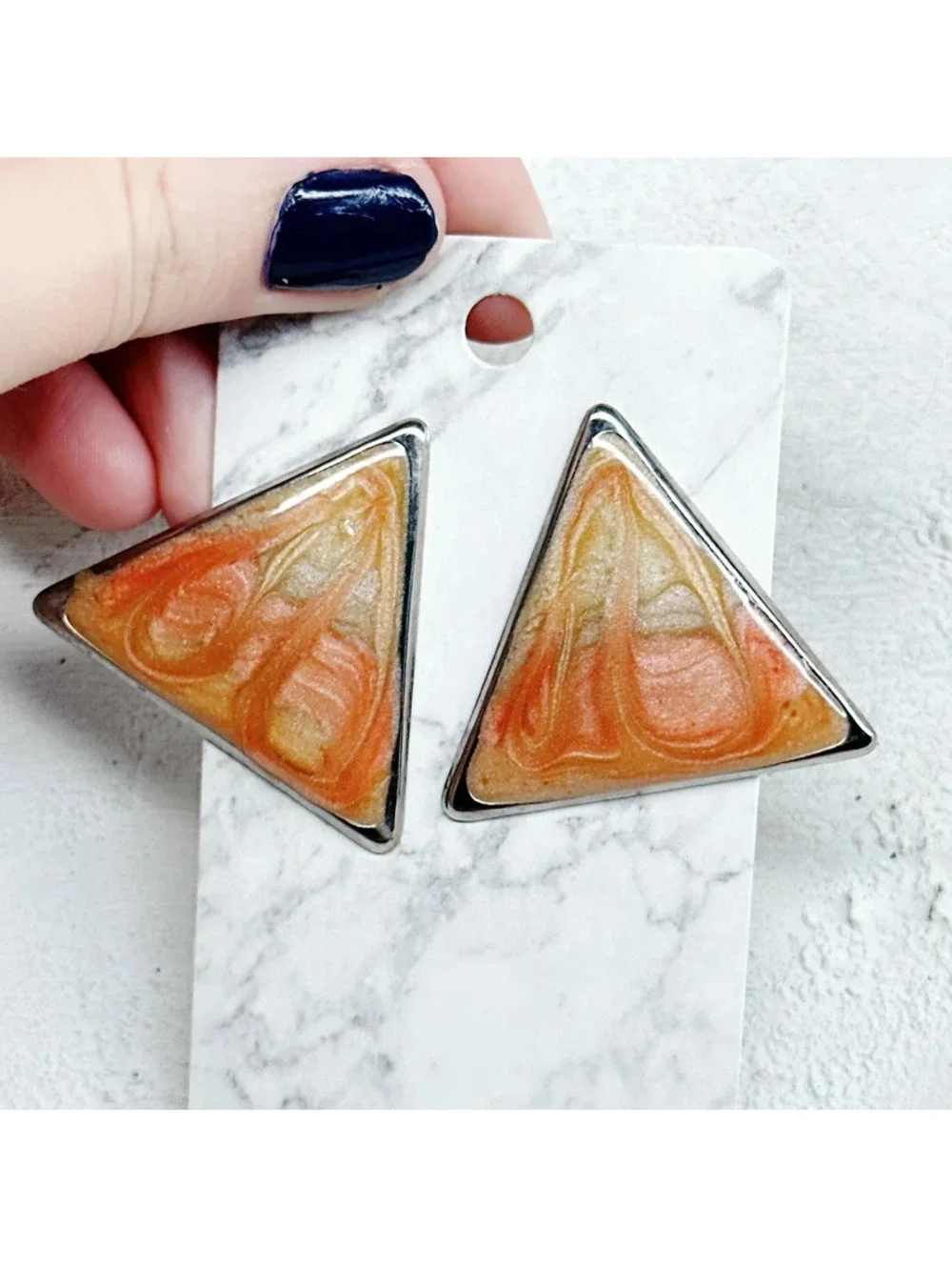 1064mc. Silvertone Orange Enamel Earrings Vintage